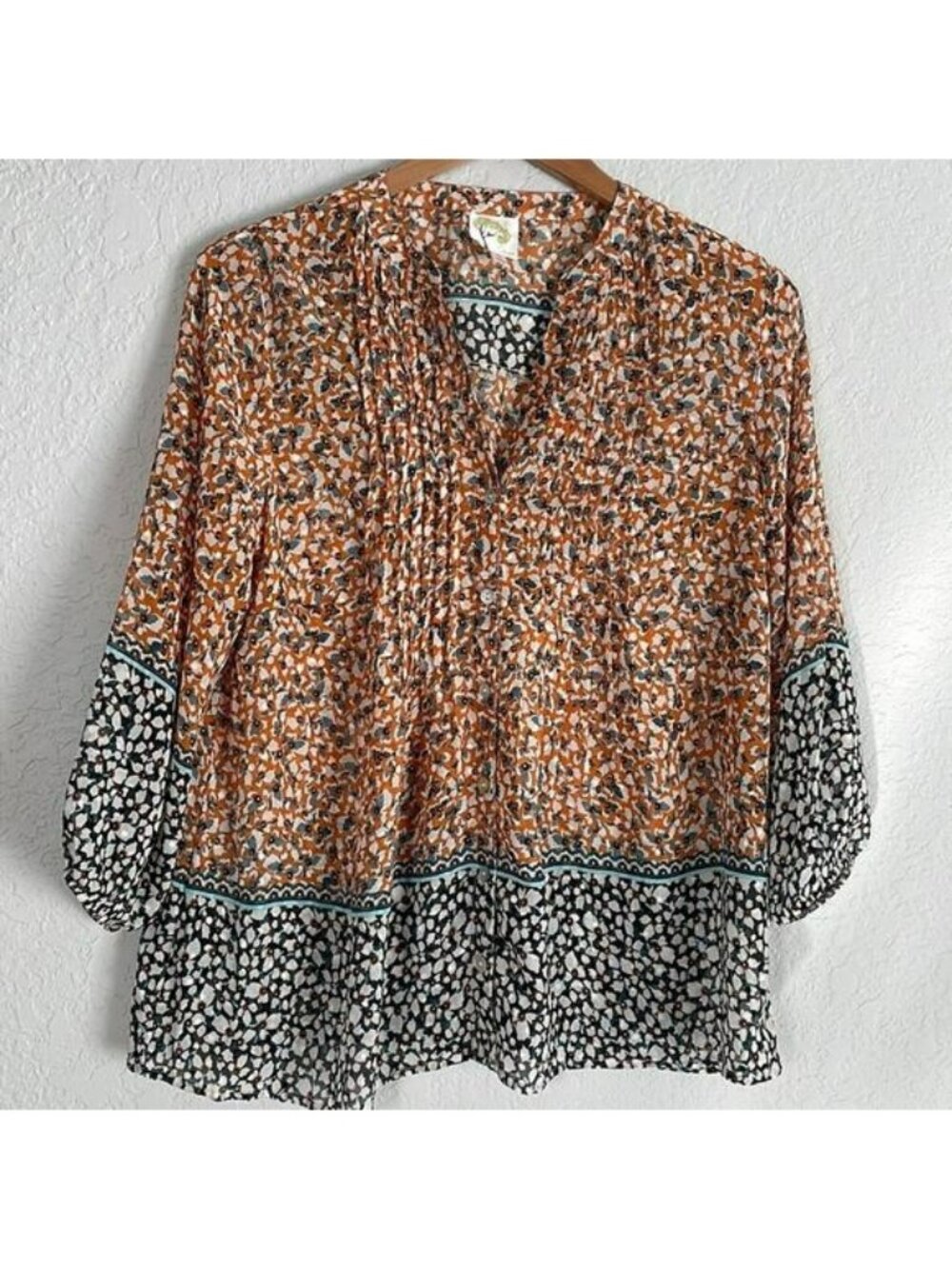 Fig and Flower Orange Blue Floral Blouse Pleated Bib Fall Peasant Boho